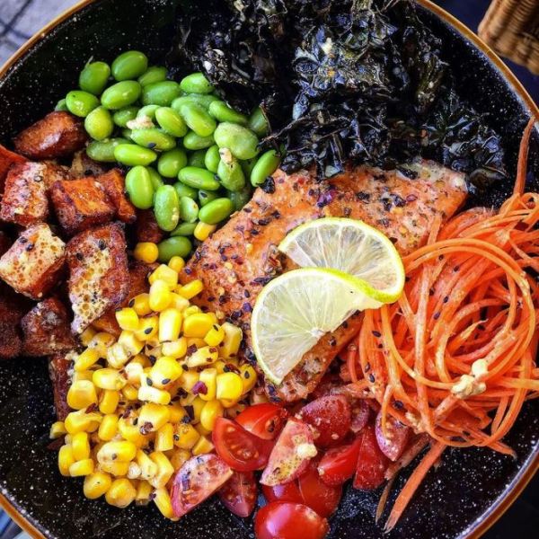 Salmon, sweet potato & crispy Kale Nourish bowl